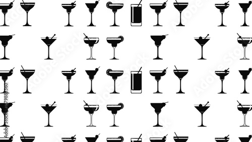 Cocktail Glass Silhouette Collection Featuring Martini Margarita and Tropical Drink Icons for Bar Menu Design Nightlife Party Vector Set for Restaurant Beverage Graphics