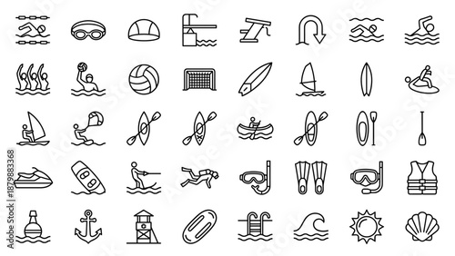 Vector set of swimming and water sports line icons. Minimalistic outline style aquatic symbols collection with swimming, diving, surfing, sailing, snorkeling, kayaking, lifeguard, and summer elements