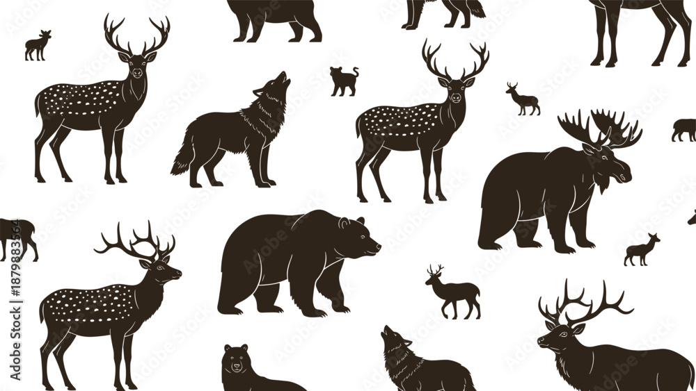 Obraz premium Forest Wildlife Silhouette Collection Featuring Deer Bear Wolf and Moose Icons for Rustic Nature Design Woodland Animal Vector Set for Outdoors Adventure Graphics