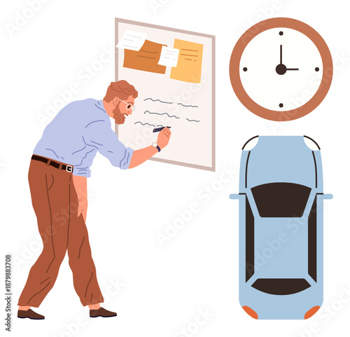 Time management, productivity, planning, deadlines, organization, scheduling. A man writing on a board with sticky notes, a clock and a car. Time management and productivity concept