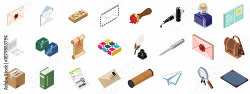 Isometric Icons Set of Mail, Post, and Communication Items including Envelopes, Stamps, Ink, and Delivery Supplies on a White Background.