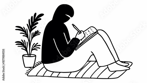 A person sits on a mat with a potted plant beside them, writing in a notebook from a side viewpoint.