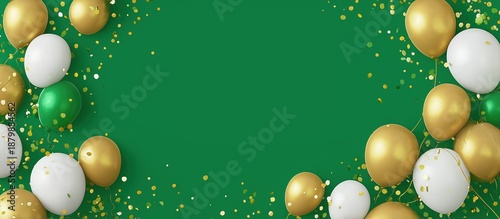 Green Background with Gold, White, and Green Balloons and Confetti for Festive Celebrations