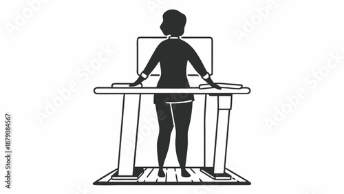 Woman exercising on a treadmill viewed from behind in a fitness environment illustration