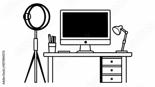 A modern workspace with a computer, lamp, and ring light setup on a desk for productivity and content creation