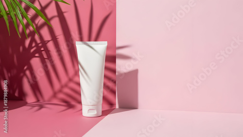 White tube standing against pink background with plant shadows