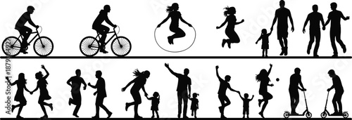 Active people silhouette collection showing cycling jumping family walking kids playing sports, black human figures for lifestyle, fitness, recreation design concepts
