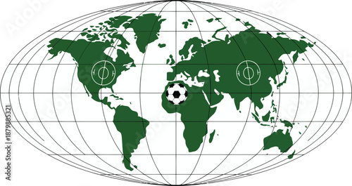 World Map with Soccer Fields and Ball Vector Illustration