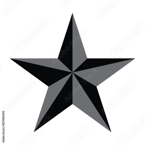 3D Beveled Nautical Star Icon with Black and Grey Shading Isolated on White.