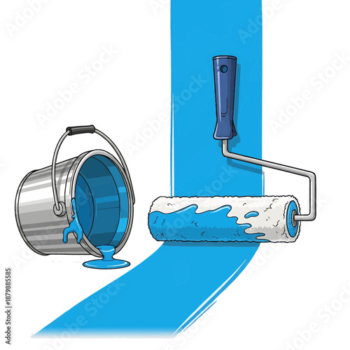 Painting a wall with a roller, spilled paint can nearby, home renovation scene, illustration, close-up view