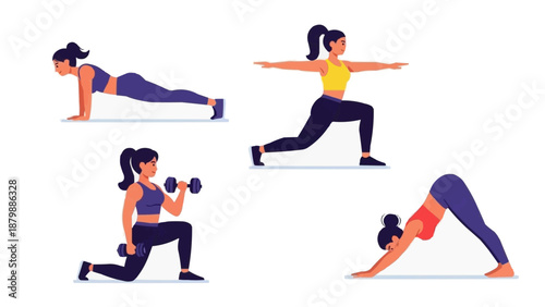 Set of different people performing fitness exercises, including planks, lunges, bicep curls, and downward dog yoga pose