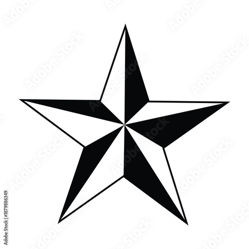 Five-pointed compass star with flat beveled shading isolated on white.