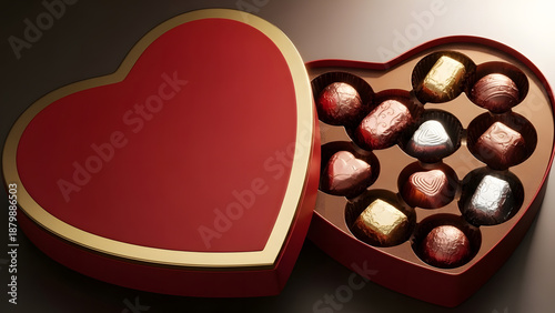 heart shaped box of chocolates with gold trim and assorted chocolates