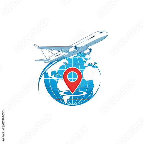 Airplane flying over a globe with a red location pin marking a specific destination on a transparent background, viewed from a 3D perspective