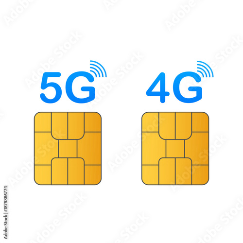 Modern vector illustration comparing 5G and 4G mobile network technologies, showcasing advanced cellular SIM cards symbolizing high-speed wireless communication and digital connectivity evolution