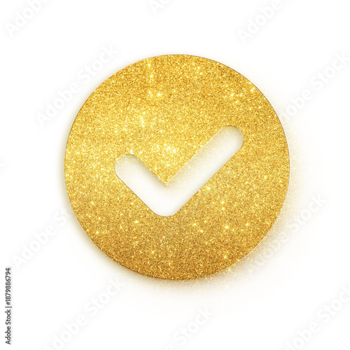 Sparkling Gold Glitter Check Mark Icon Representing Success, Approval, and Completion. A Premium Graphic Element for Validation and Positive Feedback