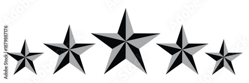 Row of five 3D faceted nautical stars in grayscale, isolated on white background