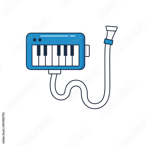 A blue melodica with a connected tube and mouthpiece is displayed on a clean white background as a simple vector illustration