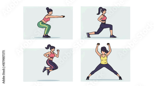 Four illustrations of women performing different exercises squat, lunge, jumping jack, and star jump, demonstrating a healthy lifestyle and fitness routine