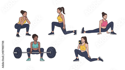 Diverse group of women performing various strength training exercises with proper form and technique, promoting a healthy lifestyle and fitness goals