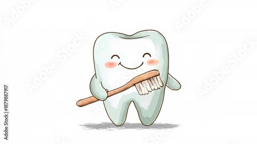 White cartoon Tooth with toothbrush, dental character or mascot,Oral health and dental inspection teeth, 3d rendering.