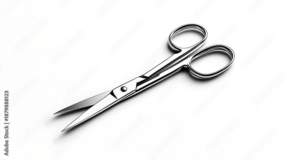 Obraz premium Gleaming stainless steel scissors lie open on a stark white background, angled slightly for optimal viewing. The blades are sharp