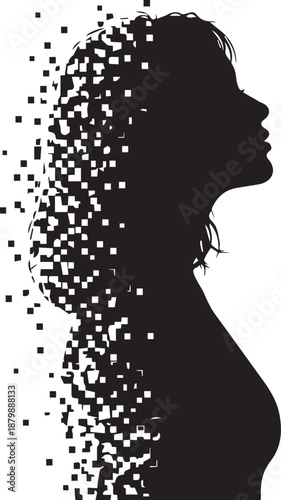 Silhouette of a woman dissolving into particles on a white background
