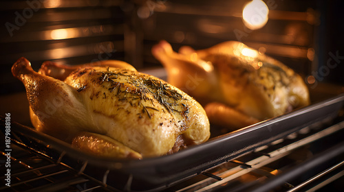 Roasted chickens with herbs and golden glaze are cooking in oven, creating warm and inviting atmosphere. lighting highlights crispy skin and aromatic herbs