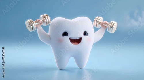 Strong tooth lifting dumbbells, cute cartoon character lifting kettlebells.