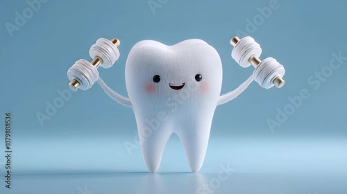 Strong tooth lifting dumbbells, cute cartoon character lifting kettlebells.