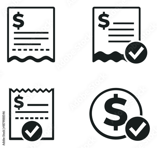 Simple outline icon set featuring financial receipts and approved payments for banking applications