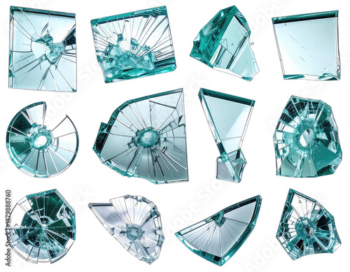 Broken glass shards on black, various shapes, shattered reflections, sharp angles, isolated segments