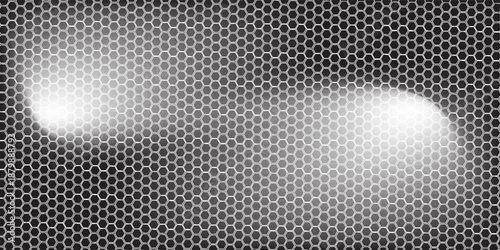 Dark grey abstract wide horizontal banner with hexagon carbon fiber grid and orange luminous lines. Technology vector background with orange neon lines
