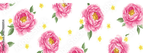 Elegant Pink Peony Seamless Pattern With Soft Floral Blossoms And Delicate Yellow Flowers Botanical Vector Background