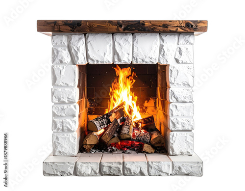 A cozy stone fireplace ablaze with burning logs, with a wooden mantel and white bricks