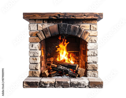 A stone fireplace with a roaring fire and logs. The hearth is brick-lined