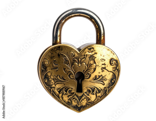 Ornate, heart-shaped antique lock with intricate floral engravings. Against black backdrop