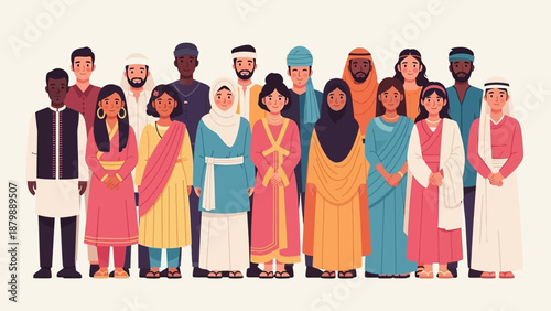 Diverse group of people from various ethnicities and cultures standing together, representing unity and inclusion