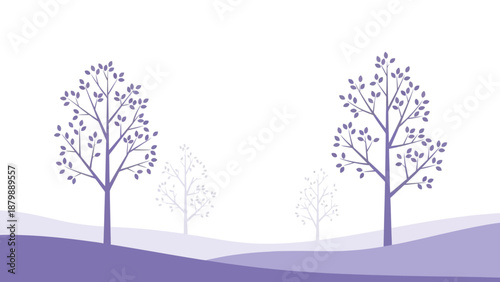 Serene Abstract Landscape with Silhouetted Trees and Rolling Hills in a Calming Purple Haze