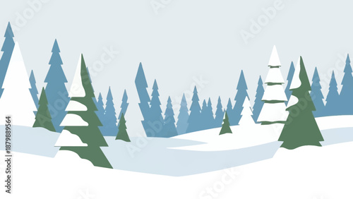 Serene winter landscape with snow-covered pine trees and rolling hills in a minimalist, flat design style