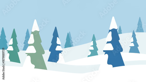 Festive Winter Landscape Illustration with Snow-Covered Pine Trees and a Serene, Cool-Toned Color Palette for Holiday and Seasonal Designs