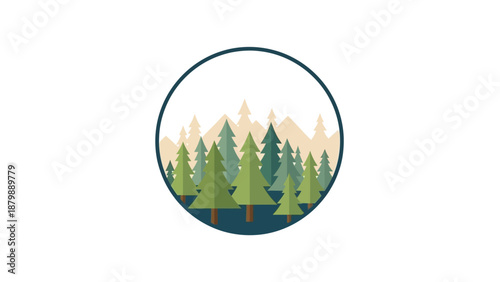 Circular emblem depicting a serene forest landscape with evergreen trees and distant mountains, evoking nature and outdoor adventure