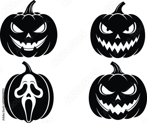 Scary Halloween Pumpkin Face Silhouette Set with Evil Jack O Lantern Expressions, Spooky Horror Carved Pumpkin Icons Vector Illustration