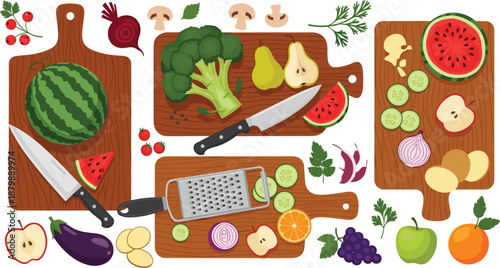 Fresh fruits and vegetables preparation set with cutting boards, knives, and sliced produce in colorful flat vector illustration