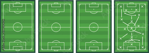 Soccer field tactics board set isolated on white background, football pitch layouts with strategy markings for coaching, training, analysis, and sports design