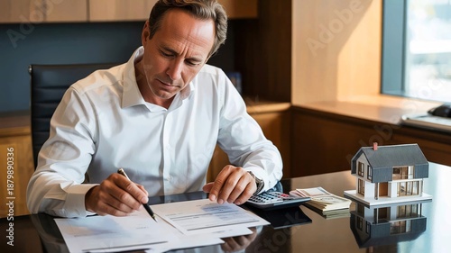 Man counting house price, home insurance cost, property value. Man counting house price, home insurance cost, property value or rent on paper. Realtor or real estate agent writing offer. 