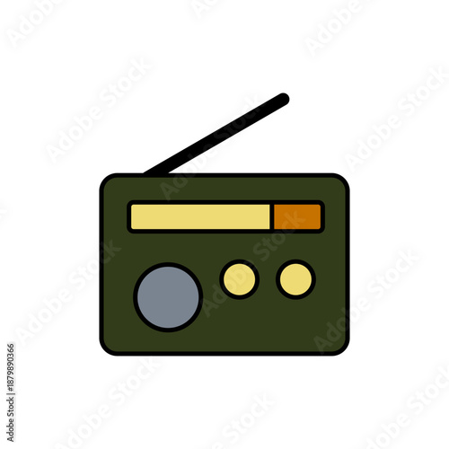 Vintage portable radio icon featuring antenna buttons and speaker in flat design