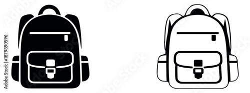 Minimalist graphic backpack icon set featuring a solid and an outline design for school and travel