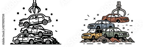 Vehicle crushing process in a junkyard with salvage equipment