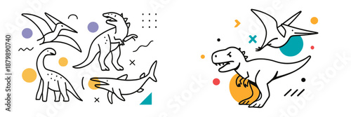 Colorful vector illustration of various dinosaurs in playful design